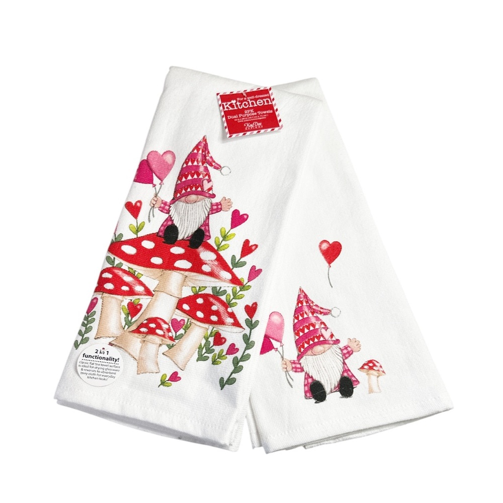 NEW Kay Dee Designs GNOME, MUSHROOM & HEART Design Kitchen Towel Set/2